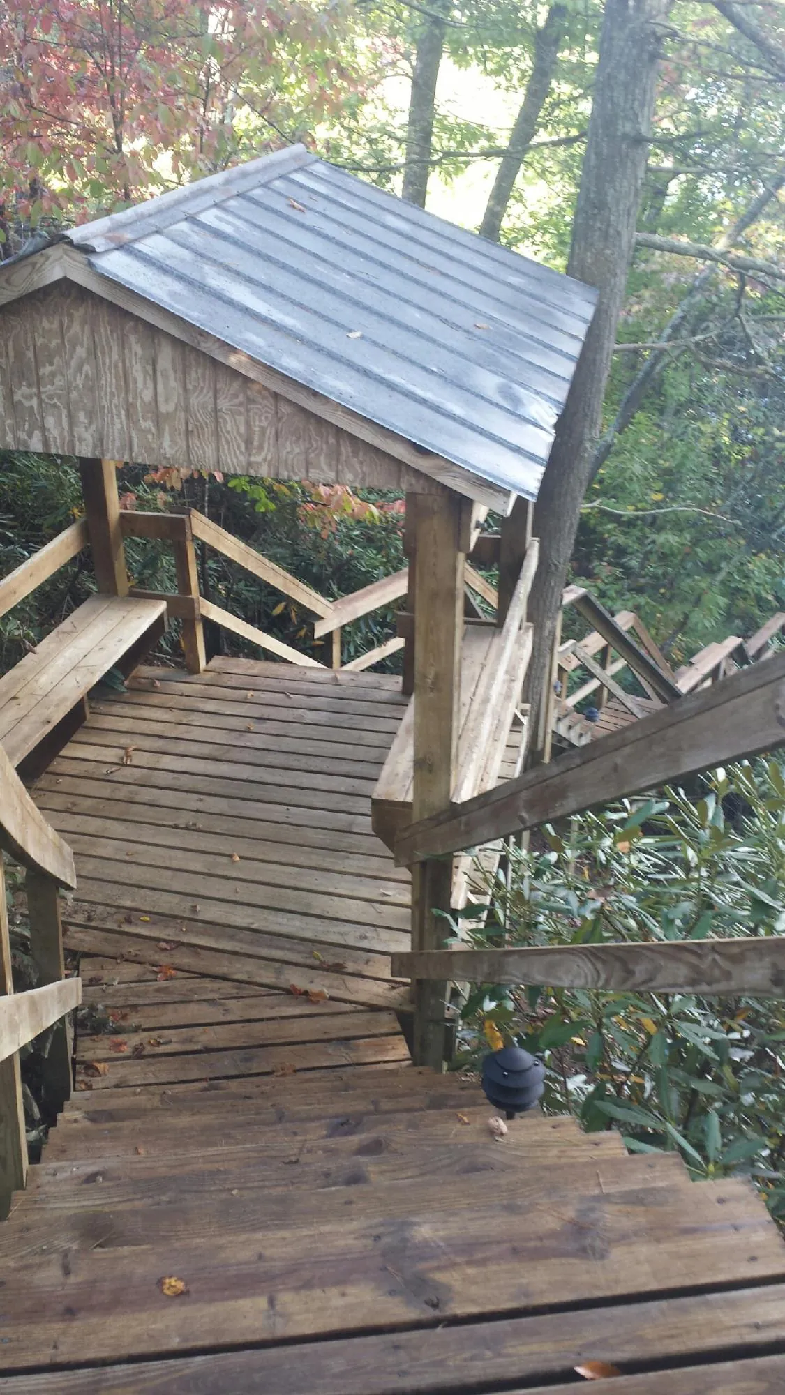 Metal roofed shelter over wooden steps on a wooded walkway — Skylight Repair & Installation work by our crew in Grove